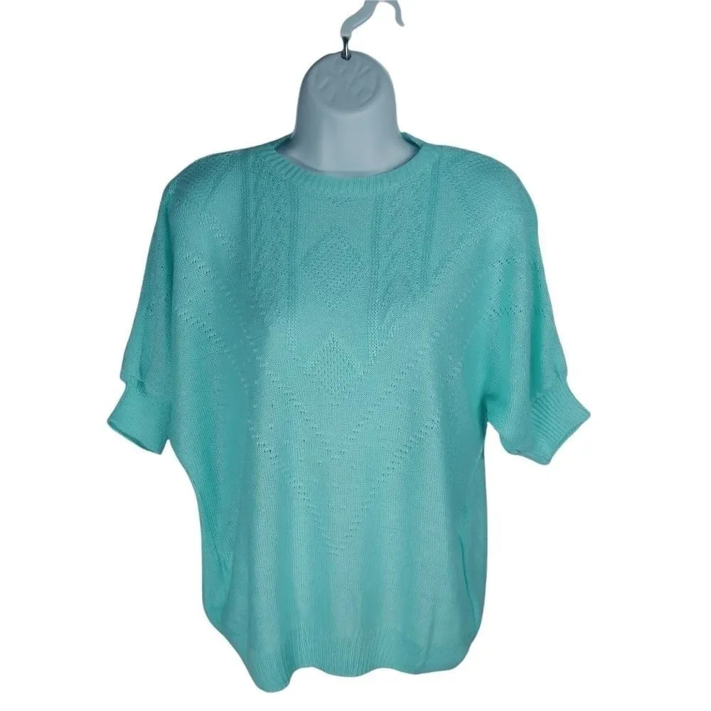 Retro Seafoam Green Knit Sweater, Short Sleeves, L